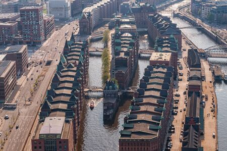 The historic warehouse district in Hamburg from aboveの写真素材
