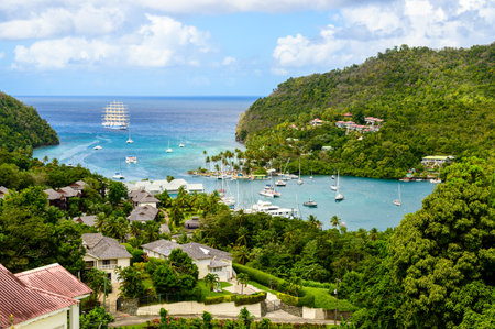 Marigot Bay, Saint Lucia, Caribbean. Tropical bay and beach in exotic and paradise landscape scenery. Marigot, St Lucia.の写真素材