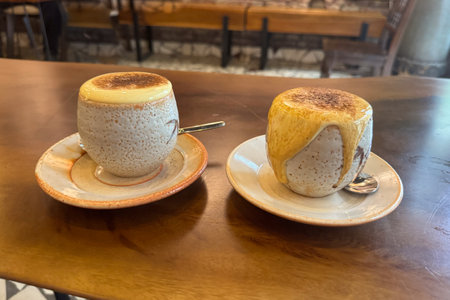 Egg Coffee on Street of Hanoi Old Quarters Vietnam. The coffee flavors and texture is so delicious a must coffee to try when your in Vietnamの写真素材