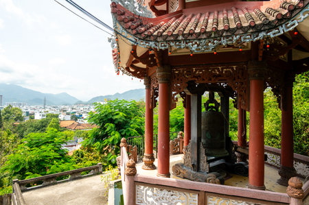 View of Nha Trang city and Chua Long Son Pagoda temple in Nha Trang, Vietnamの写真素材
