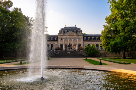 Fulda Germany. City palace, palace garden, sights of the city of Fulda, summer restaurant, beautiful fountain.の写真素材