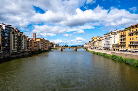Florence, Ponte alla Carraia medieval Bridge landmark on Arno river, It is the second oldest bridge, Tuscany, Italy.の写真素材