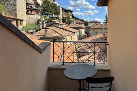 Balconies and roofs in the old town of San Marinoの写真素材