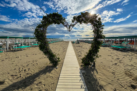 A heart made of bushes on the beach of Forte dei Marmi, Italyの写真素材