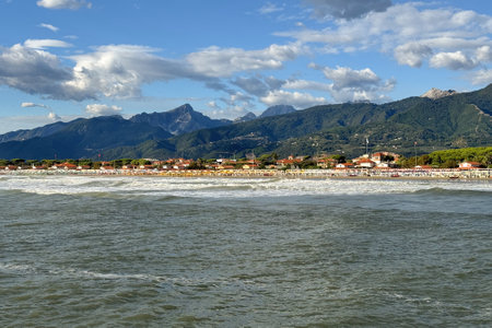 Beach and mountains in Forte dei Marmi, Italyの写真素材