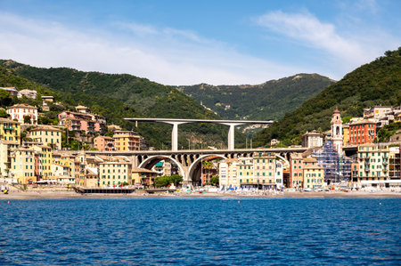 Mediterranean sea coast and traditional colorful buildings in Sori town, Genoa, Ligury, Italy. High quality photoの写真素材