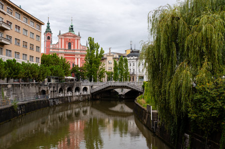 Ljubljana city on the banks of Ljubljanica riverの写真素材