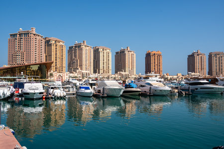 Beautiful aerial view of Pearl Qatar Porto Arabia Doha Qatarの写真素材