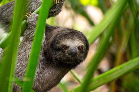 Cute sloth (Bradypus) hanging on tree branch with funny face look, perfect portrait of wild animal in the Rainforestの写真素材