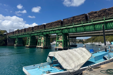 Sugar cane train on a bridge at the cruise terminal of La Romana in the Dominican Republicの写真素材