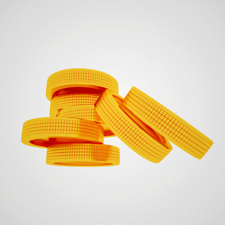 Gold coins on a white background in high resolution without a backgroundの写真素材