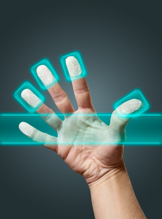 Identity scan simulation of fingerprints of an open handの写真素材