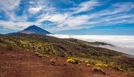 View of the surroundings of the Teide Astronomical Observatory with the Teide in the background on the left and the sea of clouds on the right in Tenerife, Cnary Islands, Spainの写真素材