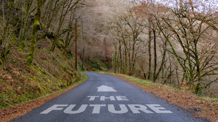 The Future with arrow written on a country lane in a woodの写真素材