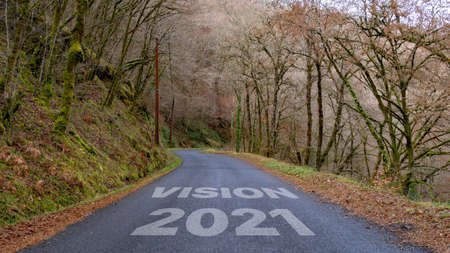 Vision 2021 written on a country lane in a woodの写真素材