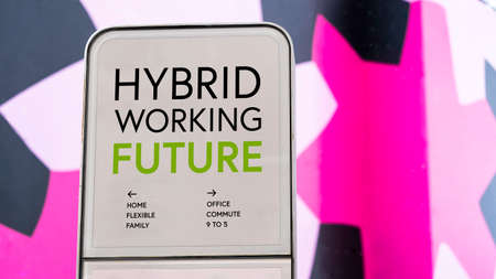 Hybrid Working future with colourful city backdrop locationの写真素材