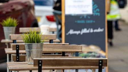Outdoor table cafe or restaurant during the easing of Covid-19 pandemic lockdown restrictionsの写真素材