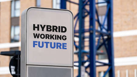 Hybrid working future sign in a city setting under constructionの写真素材