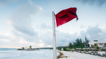 Red no swimming flag on the beachの写真素材