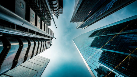 Looking up at towering modern skyscrapersの写真素材