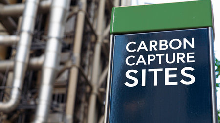 Carbon Capture Sites on a sign in front of an Industrial buildingの写真素材