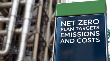 Net zero plan targets emissions and costs on a sign in front of an Industrial buildingの写真素材