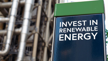 Invest in renewable Energy on a sign in front of an Industrial buildingの写真素材