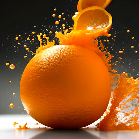 Intense Orange Fruit with Slices and Splashes Generative AI features an orange fruit with splashes of orange juice and orange slices flowing out of the fruitの素材