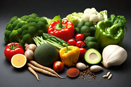 Vegetables of Multiple Types on Gray Surface Generative AI features Vegetables of Multiple Types on Gray Surface Generative AI shows a variety of vegetables on a gray gradient surfの素材