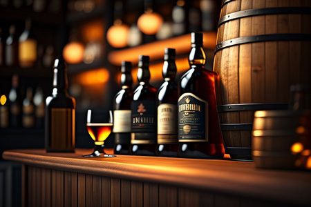 Whisky Bottles on Bar with Barrel at Happy Hour Generative AI features whisky bottles and a glass with a wooden barrel sitting on a barの素材