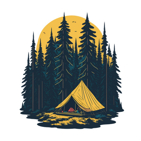 Camping tent in the forest. Vector illustration in retro styleのイラスト素材