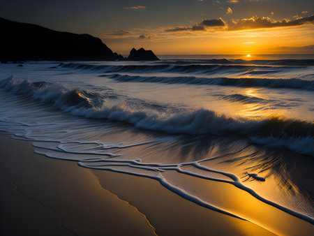 Beautiful sunset over the sea with waves breaking on the shore.の素材