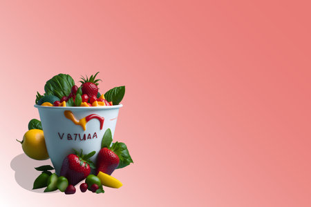 Fresh fruit and vegetables in a bowl on a pink background. Healthy food concept.の素材