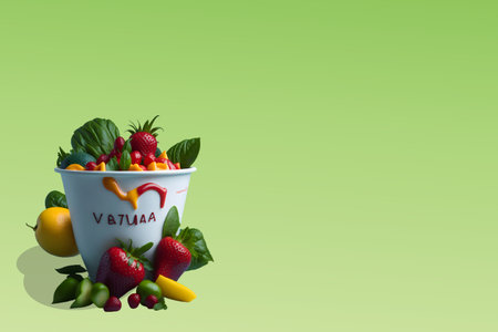 Fresh fruits and vegetables in a bucket on a green background. Healthy food concept.の素材