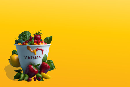 Healthy food concept with fresh fruits and vegetables on yellow background.の素材