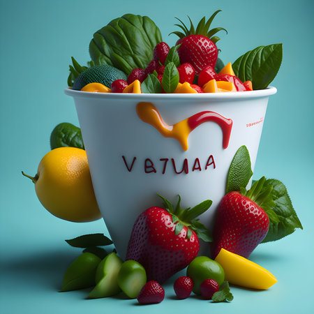 Vegan food concept with fresh fruits and vegetables in a white bowlの素材
