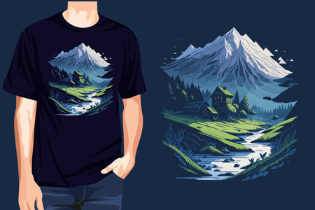 T-shirt design with mountains, river and forest. Vector illustrationのイラスト素材