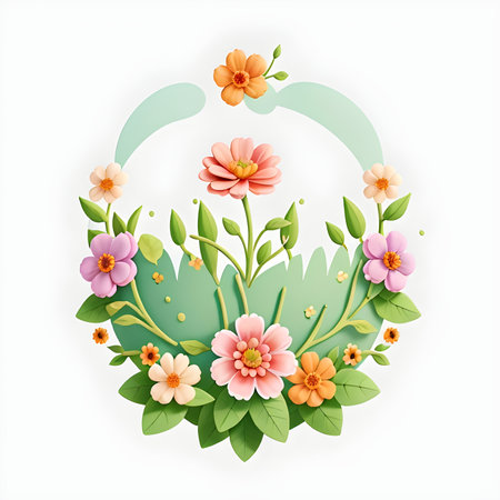 Flower wreath with flowers and leaves. Vector illustration in cartoon styleの写真素材