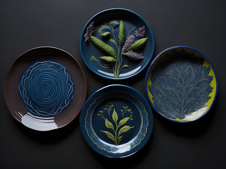 Set of ceramic plates on a dark background. View from above.の素材