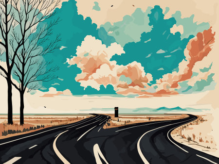 Autumn landscape with road and clouds. Vector illustration in retro styleの写真素材
