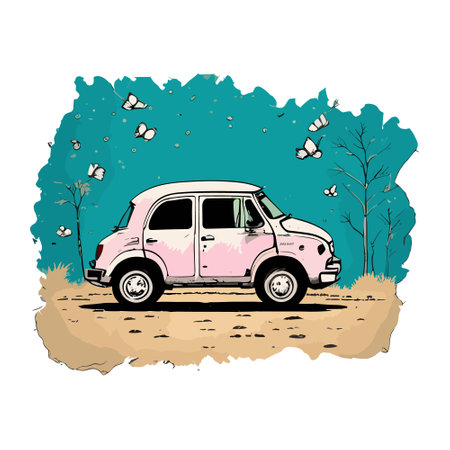 Vector illustration of a pink retro car with butterflies in the background.の写真素材