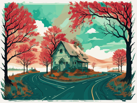 Autumn landscape with house, road and trees. Vector illustration.の写真素材