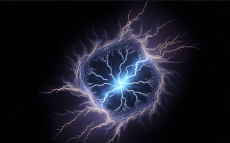 Fractal lightning in the form of a spiral on a black backgroundの写真素材