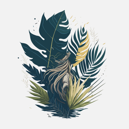 Tropical palm leaves. Hand drawn vector illustration in retro style.の写真素材