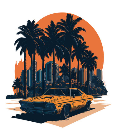Classic car on the background of the city and palm trees. Vector illustrationのイラスト素材