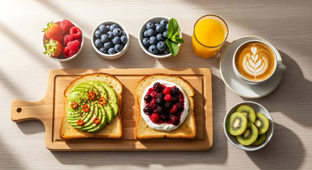 Toast with cream cheese, berries and fruits on a wooden boardの素材