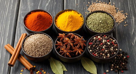Spices in bowls on a wooden background. Food and cuisine ingredients.の素材