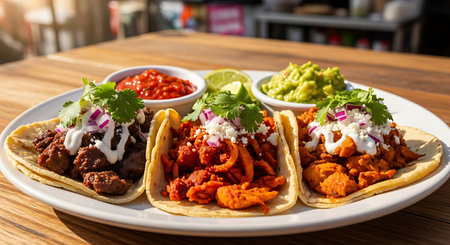 Mexican tacos with meat, guacamole and salsa.の素材