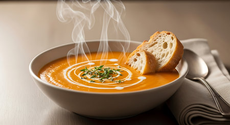 Pumpkin soup with cream and thyme in a white bowlの素材