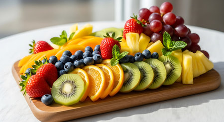 Fruit platter with fresh fruits and berries. Healthy eating concept.の素材